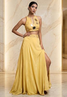 Yellow Embroidered Handwork Fusion Set