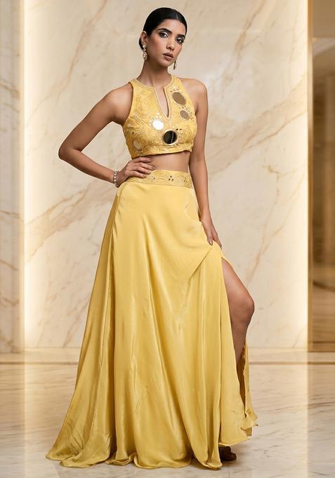 Yellow Embroidered Handwork Fusion Set