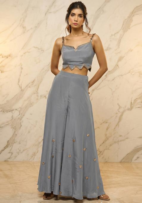 Grey Embroidered Handwork Fusion Set