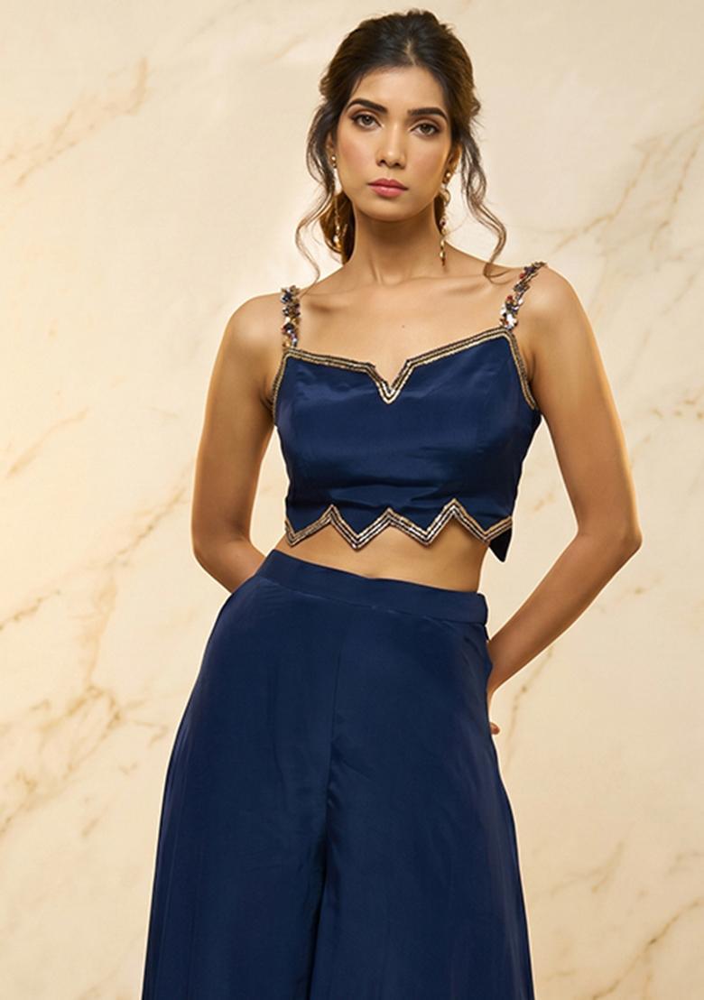 Navy Blue Embroidered Handwork Fusion Set - Indya