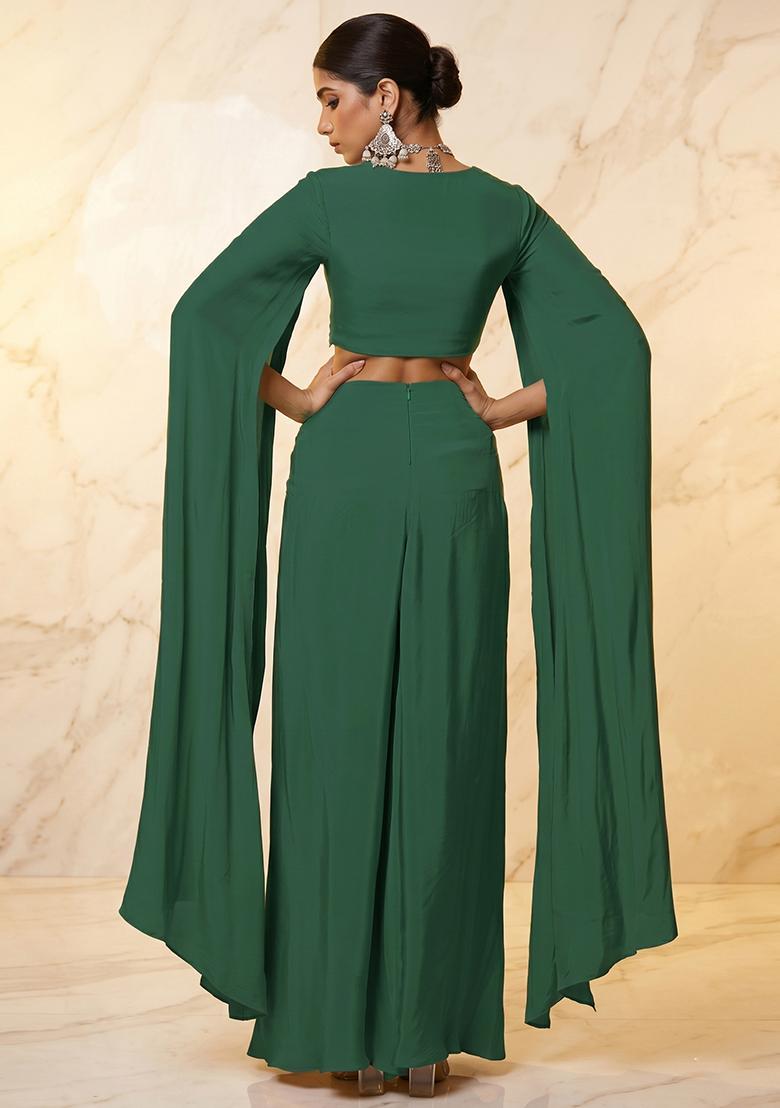 Green Embroidered Handwork Fusion Set - Indya