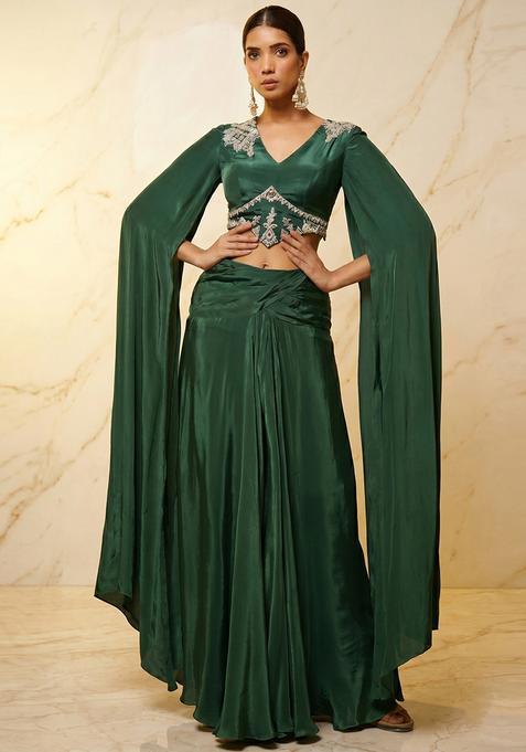 Green Embroidered Handwork Fusion Set