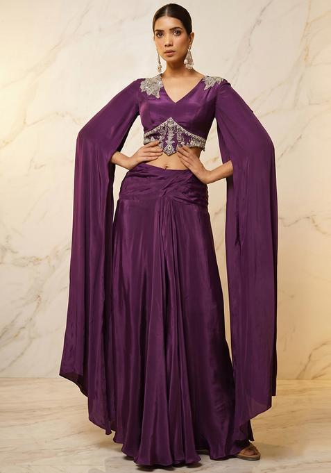 Purple Embroidered Handwork Fusion Set