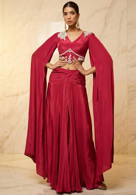 Red Embroidered Handwork Fusion Set