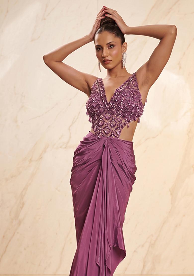 Mauve Embroidered Handwork Fusion Set - Indya
