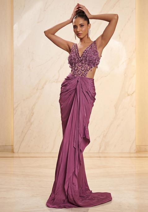 Mauve Embroidered Handwork Fusion Set