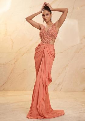 Peach Embroidered Handwork Fusion Set
