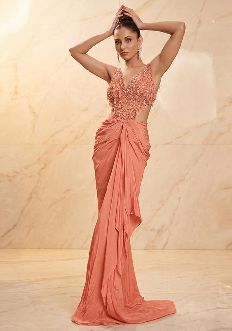 Peach Embroidered Handwork Fusion Set