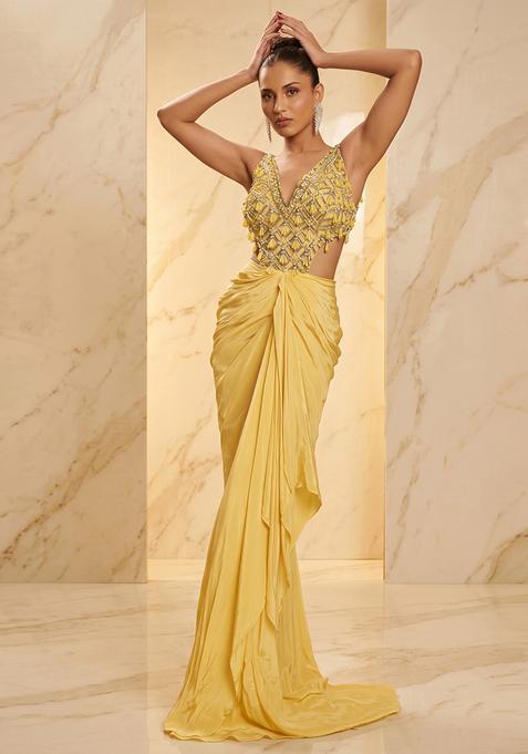 Yellow Embroidered Handwork Fusion Set