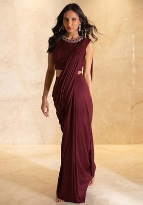 Wine Embroidered Handwork Pre Draped Saree Set