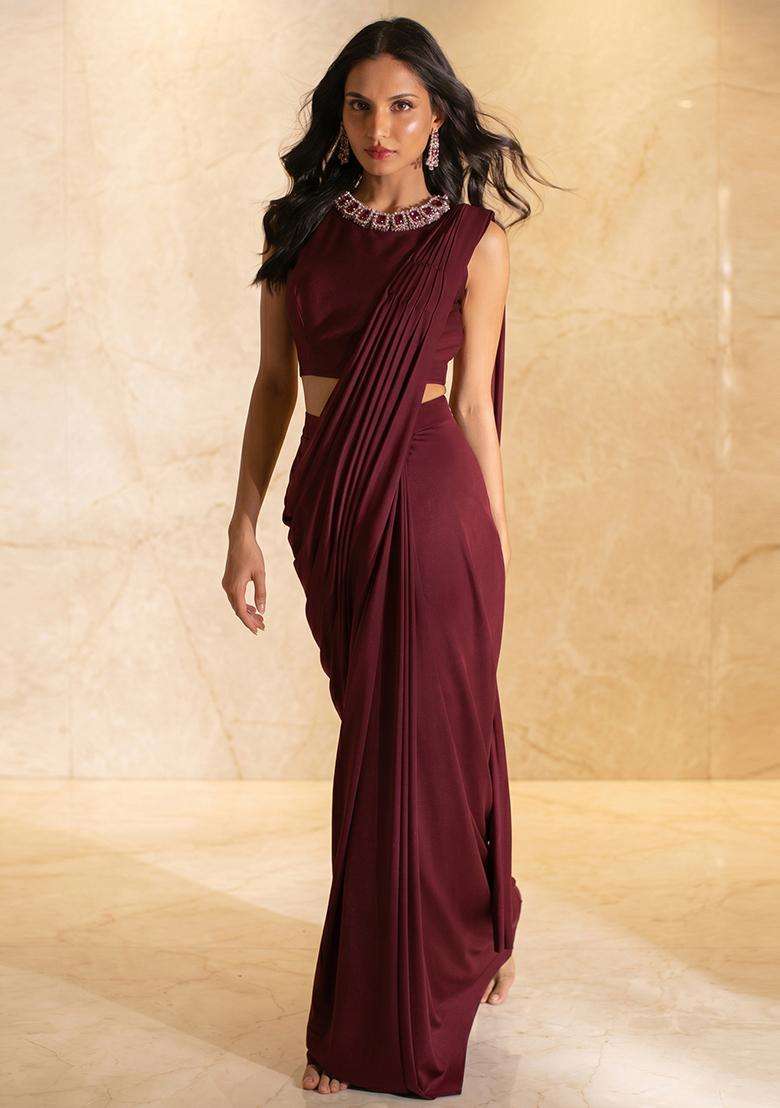 Wine Embroidered Handwork Pre Draped Saree Set - Indya