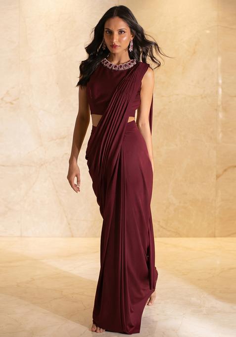Wine Embroidered Handwork Pre Draped Saree Set