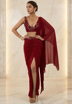 Red Embroidered Handwork Pre Draped Saree Set