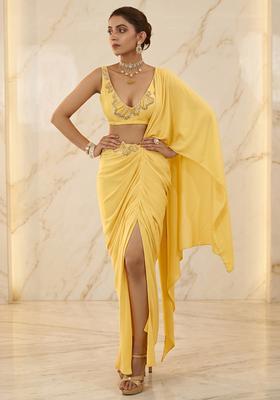 Yellow Embroidered Handwork Pre Draped Saree Set