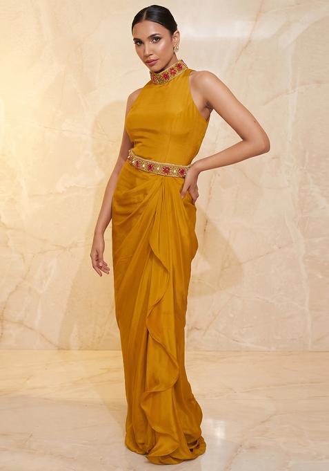 Mustard Yellow Embroidered Handwork Fusion Set