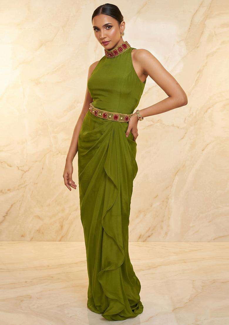 Olive Green Embroidered Handwork Fusion Set - Indya