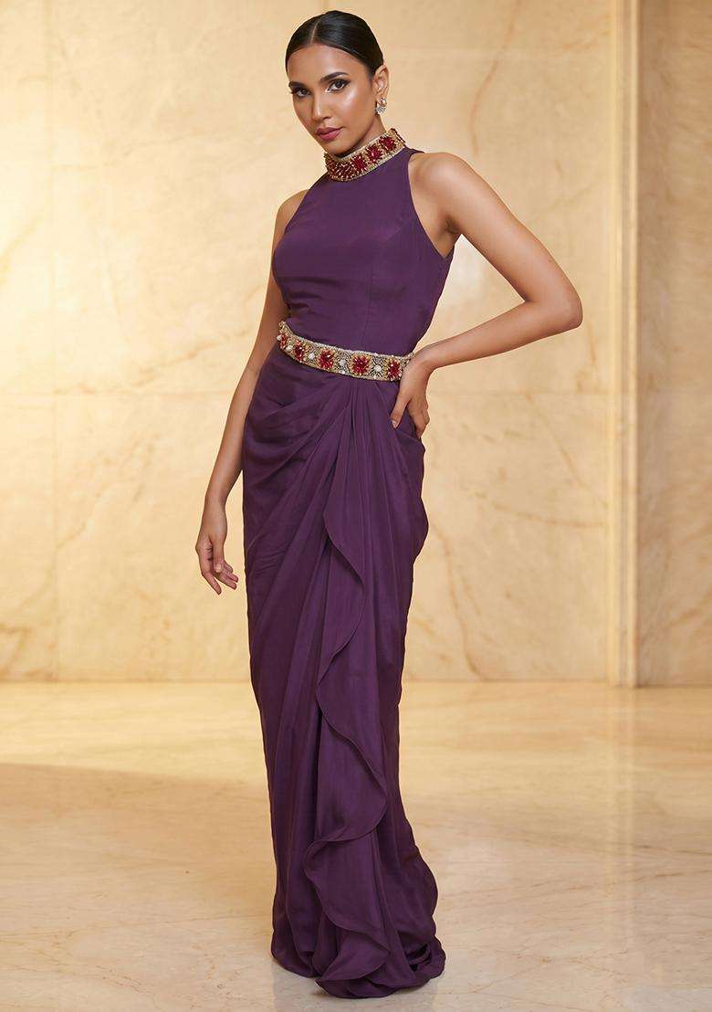 Plum Embroidered Handwork Fusion Set - Indya