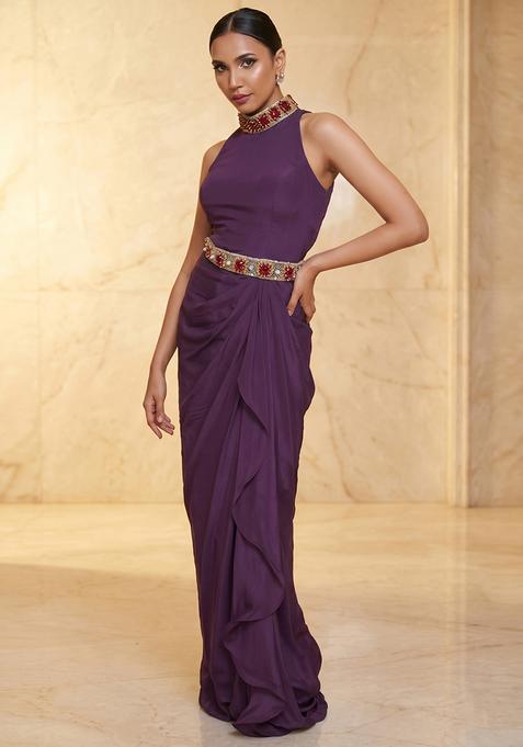Plum Embroidered Handwork Fusion Set
