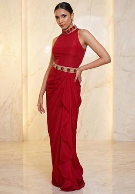 Red Embroidered Handwork Fusion Set