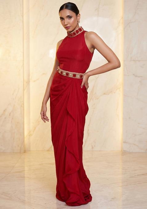 Red Embroidered Handwork Fusion Set