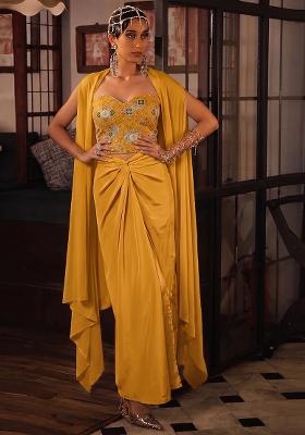 Yellow Printed Crepe Fusion Set