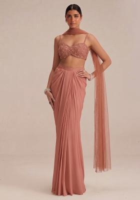 Peach Embroidered Net Fusion Set