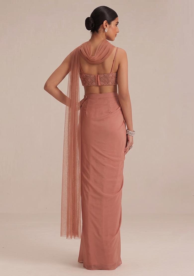 Peach Embroidered Net Fusion Set - Indya