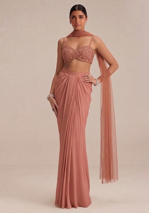 Peach Embroidered Net Fusion Set