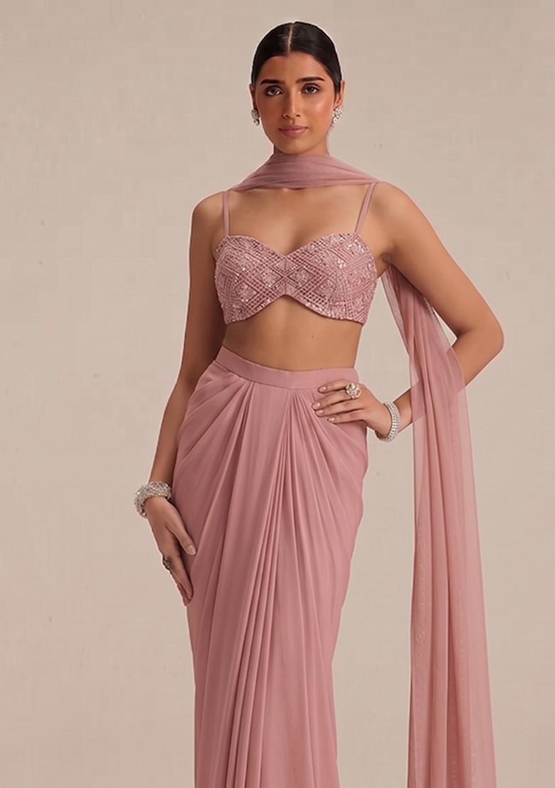 Dusty Pink Embroidered Net Fusion Set - Indya