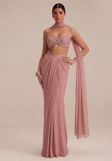 Dusty Pink Embroidered Net Fusion Set