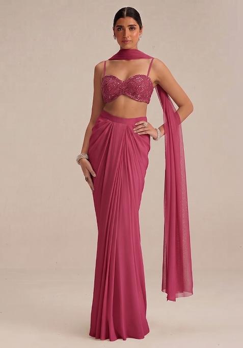 Pink Embroidered Net Fusion Set