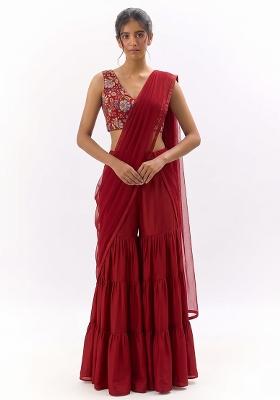 Red Printed Crepe Sharara Set