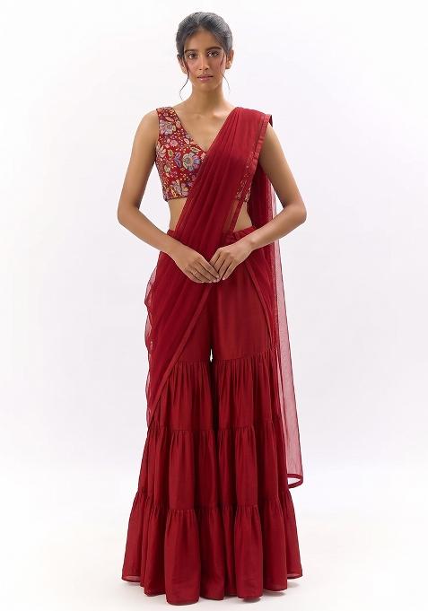 Red Printed Crepe Sharara Set