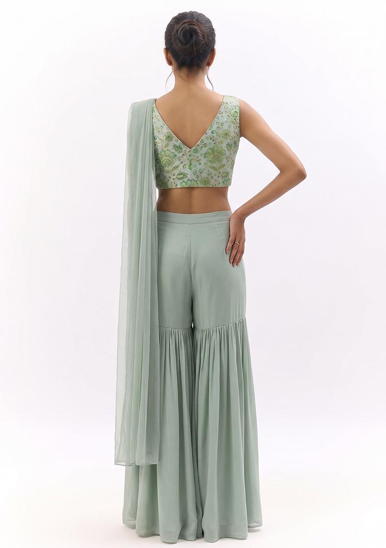 Sea Green Printed Crepe Sharara Set - Indya