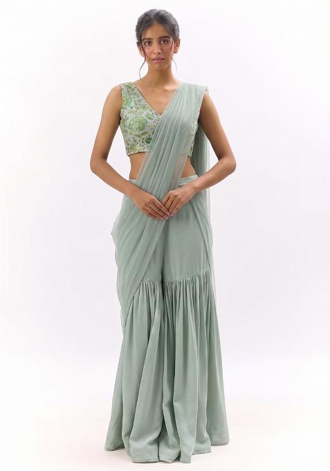 Sea Green Printed Crepe Sharara Set