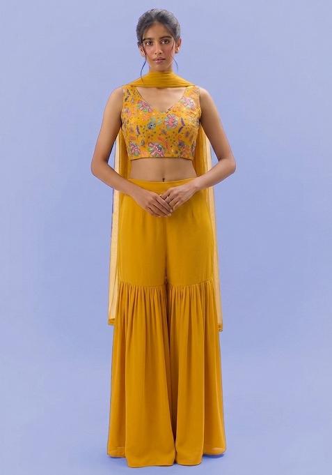 Yellow Printed Crepe Sharara Set