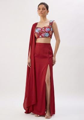 Red Embroidered Crepe Fusion Set