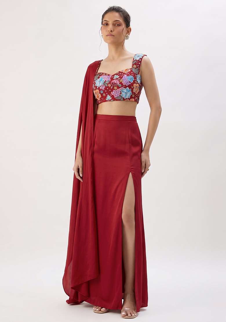 Red Embroidered Crepe Fusion Set for Diwali and Festive Wear - Indya