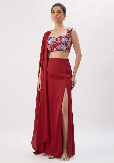 Red Embroidered Crepe Fusion Set
