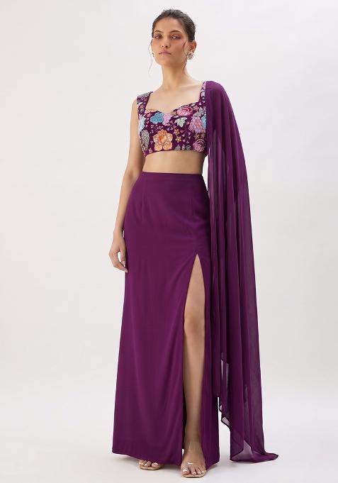 Purple Embroidered Crepe Fusion Set