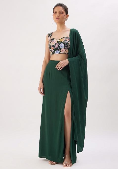 Dark Green Embroidered Crepe Fusion Set