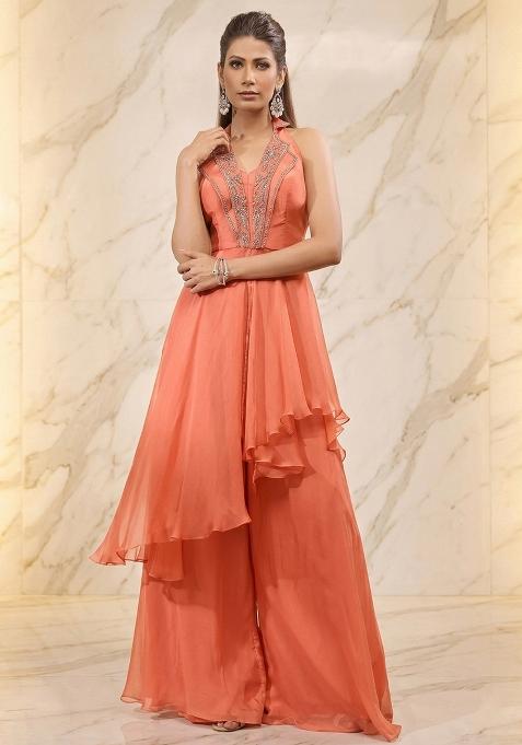 Coral Embroidered Handwork Fusion Set