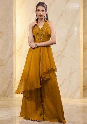 Mustard Yellow Embroidered Handwork Fusion Set