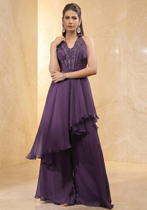 Plum Embroidered Handwork Fusion Set