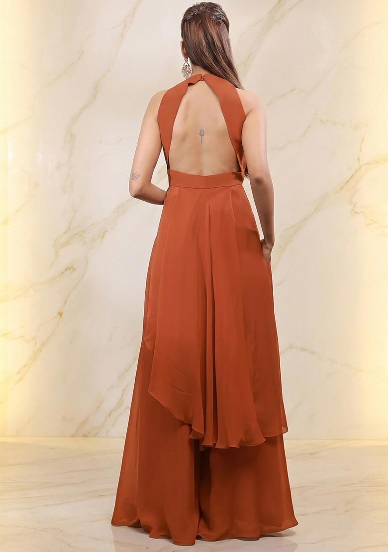 Rust Embroidered Handwork Fusion Set - Indya
