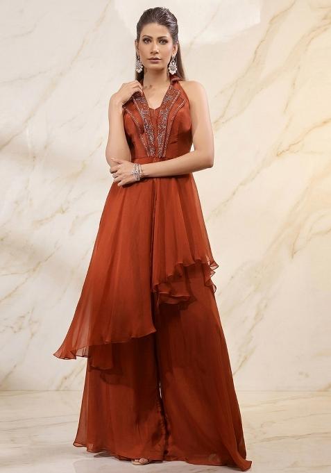 Rust Embroidered Handwork Fusion Set
