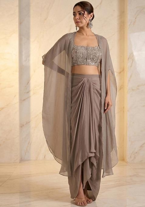 Beige Embroidered Handwork Fusion Set