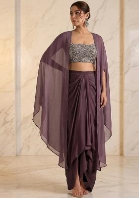 Plum Embroidered Handwork Fusion Set