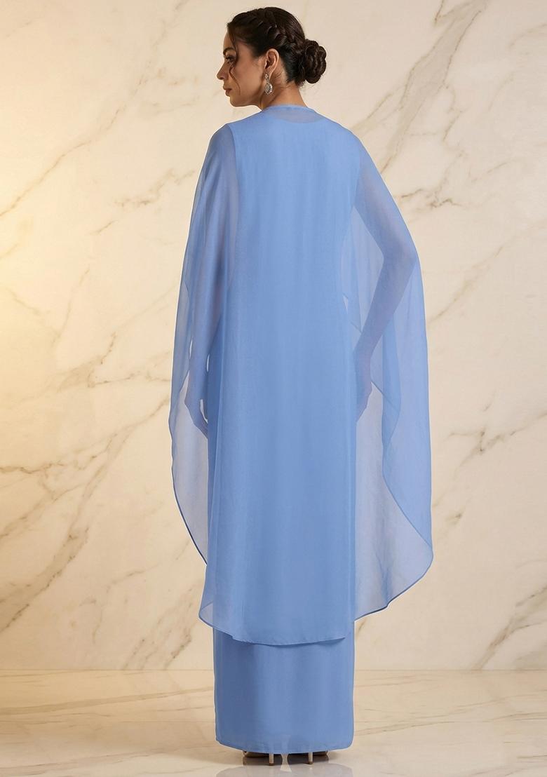 Blue Embroidered Handwork Fusion Set - Indya