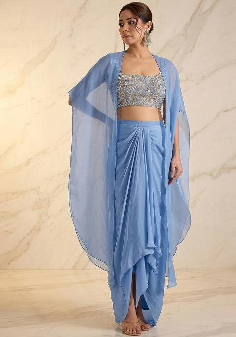 Blue Embroidered Handwork Fusion Set